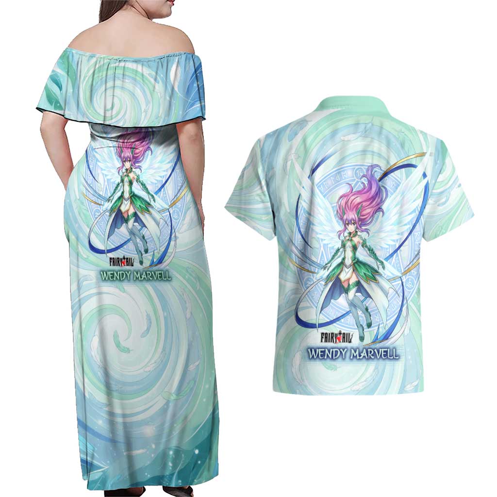 Wendy Marvell Fairy Tail Couples Matching Off Shoulder Maxi Dress and Hawaiian Shirt Sky Dragon Anime Style with Pastel Wind and Wing Motif