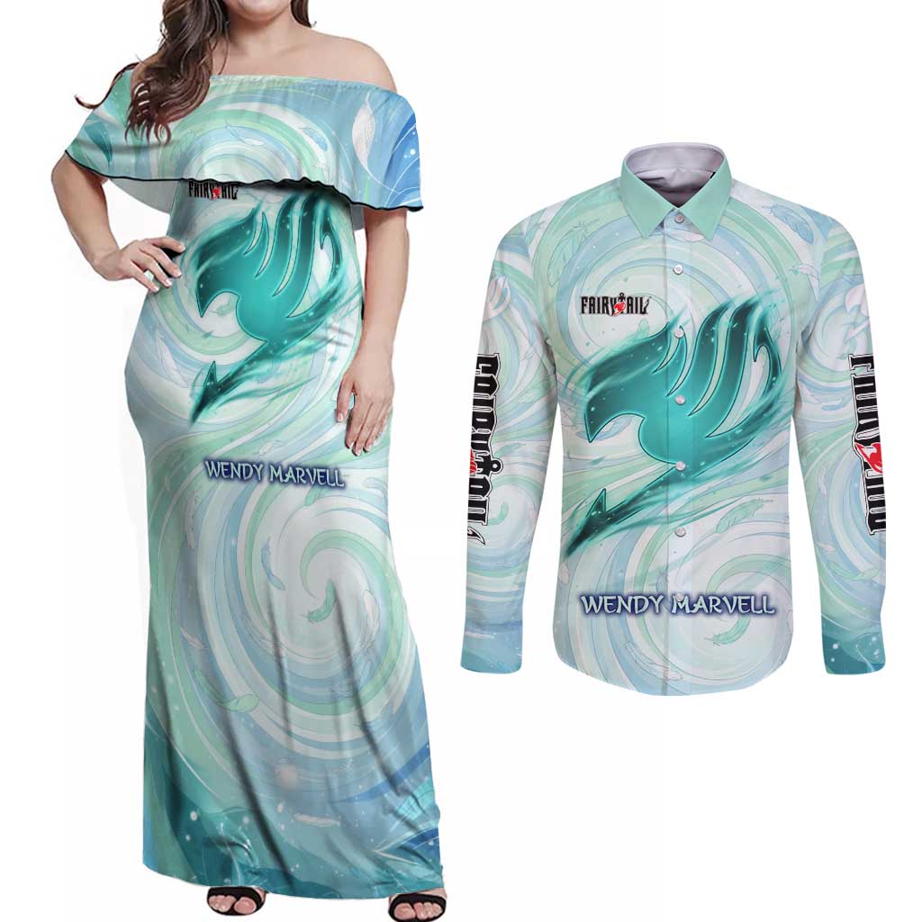 Wendy Marvell Fairy Tail Couples Matching Off Shoulder Maxi Dress and Long Sleeve Button Shirt Sky Dragon Anime Style with Pastel Wind and Wing Motif