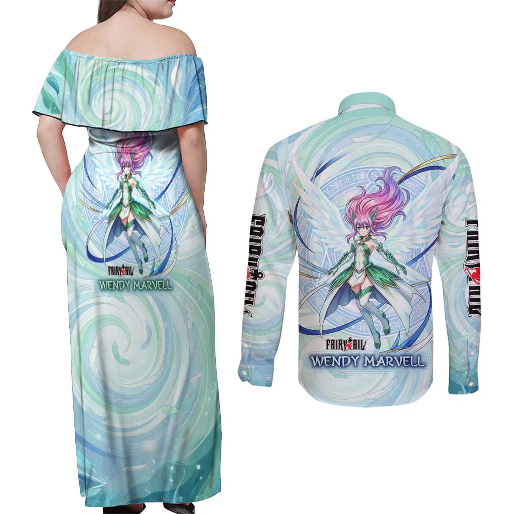 Wendy Marvell Fairy Tail Couples Matching Off Shoulder Maxi Dress and Long Sleeve Button Shirt Sky Dragon Anime Style with Pastel Wind and Wing Motif