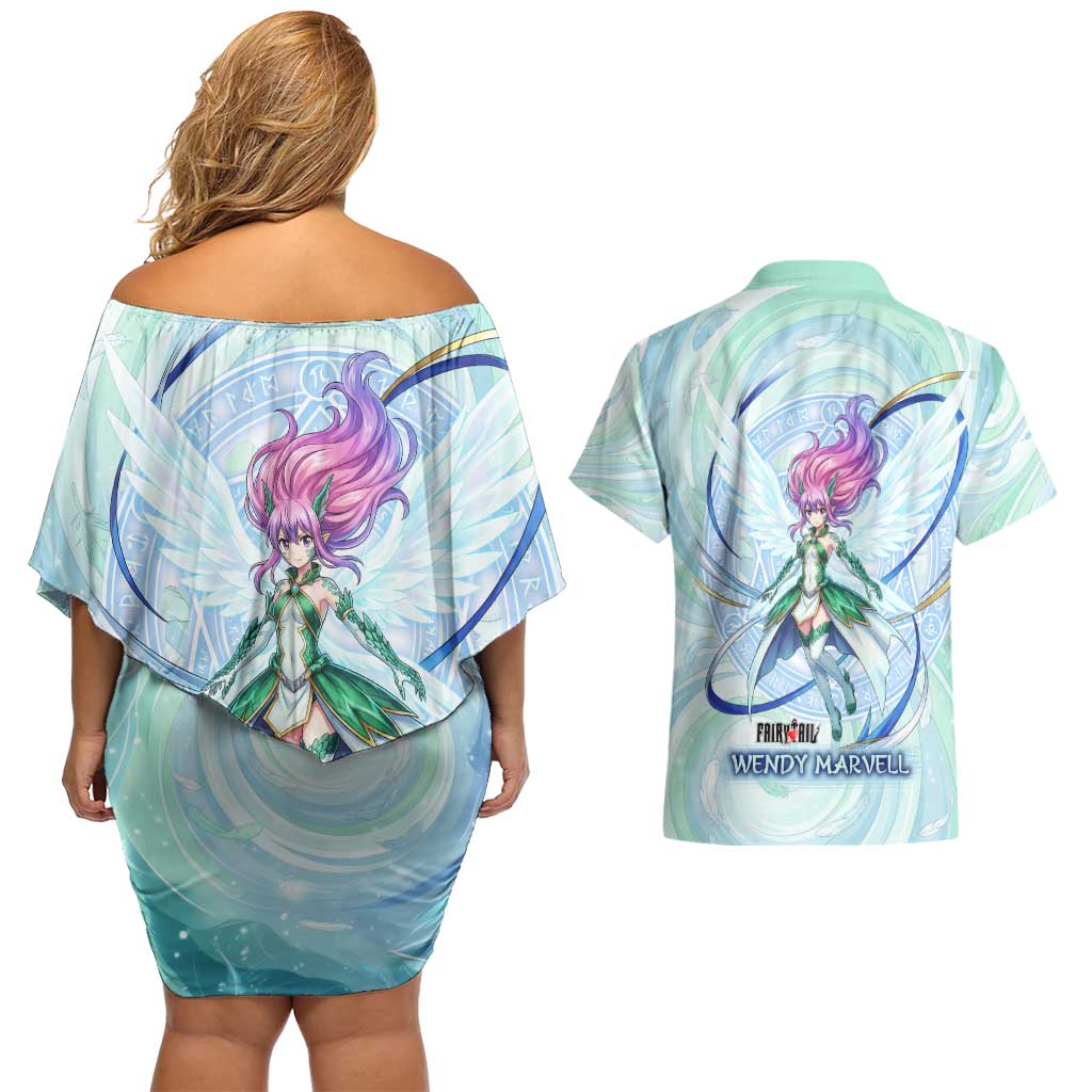 Wendy Marvell Fairy Tail Couples Matching Off Shoulder Short Dress and Hawaiian Shirt Sky Dragon Anime Style with Pastel Wind and Wing Motif