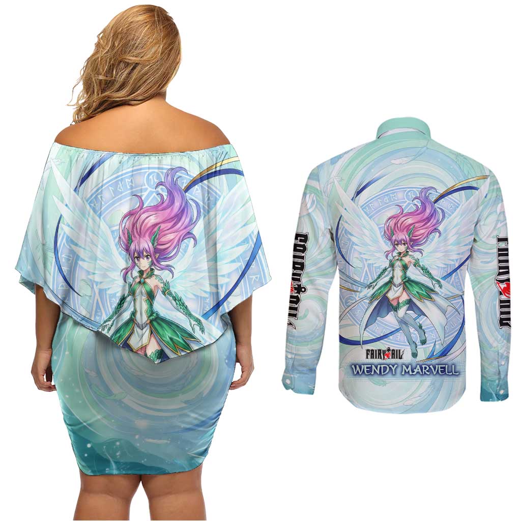 Wendy Marvell Fairy Tail Couples Matching Off Shoulder Short Dress and Long Sleeve Button Shirt Sky Dragon Anime Style with Pastel Wind and Wing Motif