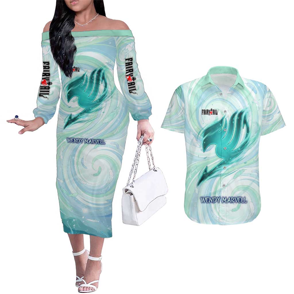 Wendy Marvell Fairy Tail Couples Matching Off The Shoulder Long Sleeve Dress and Hawaiian Shirt Sky Dragon Anime Style with Pastel Wind and Wing Motif