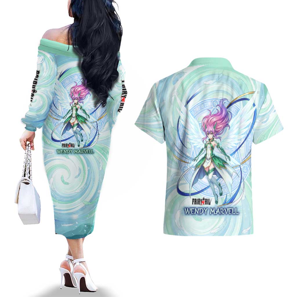 Wendy Marvell Fairy Tail Couples Matching Off The Shoulder Long Sleeve Dress and Hawaiian Shirt Sky Dragon Anime Style with Pastel Wind and Wing Motif