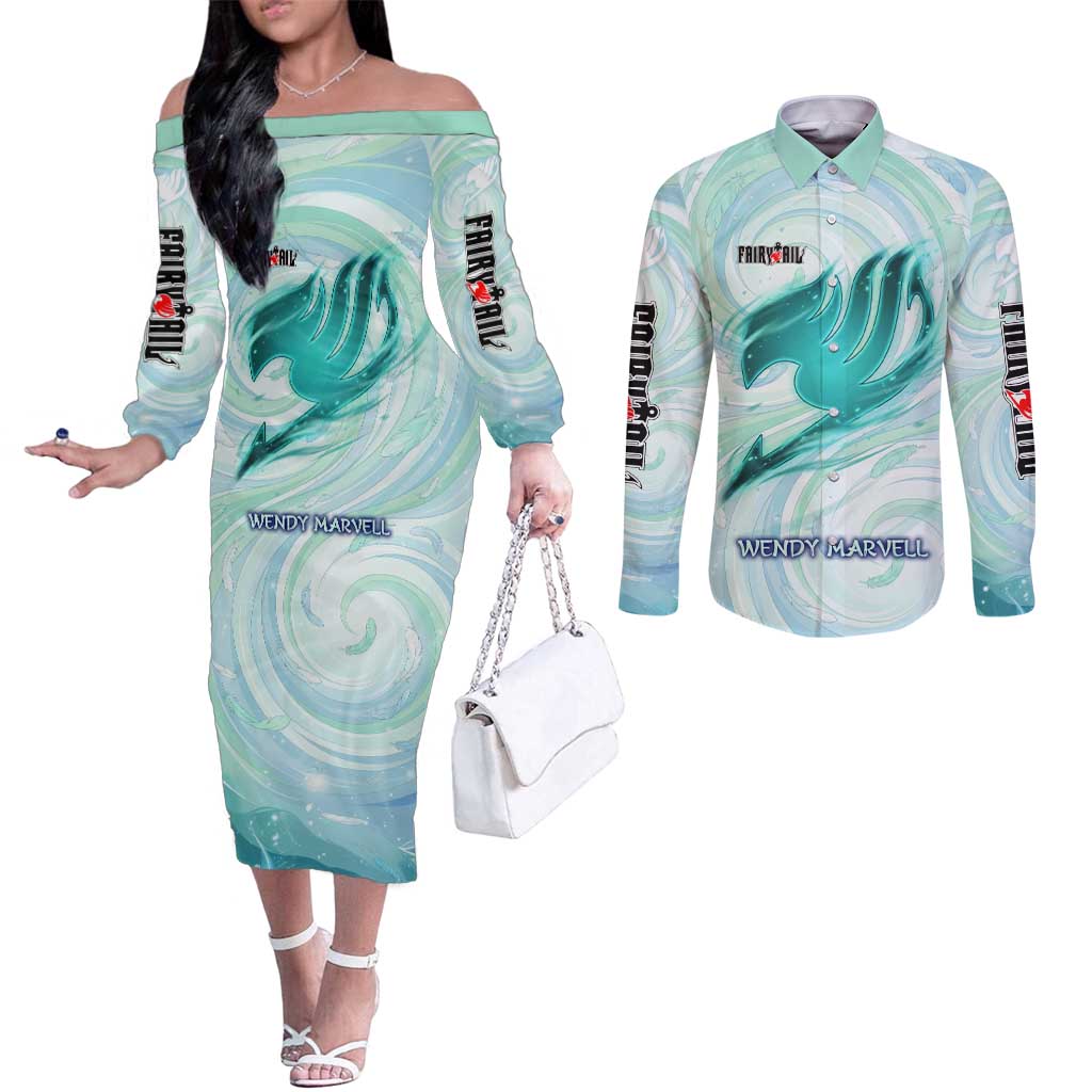 Wendy Marvell Fairy Tail Couples Matching Off The Shoulder Long Sleeve Dress and Long Sleeve Button Shirt Sky Dragon Anime Style with Pastel Wind and Wing Motif