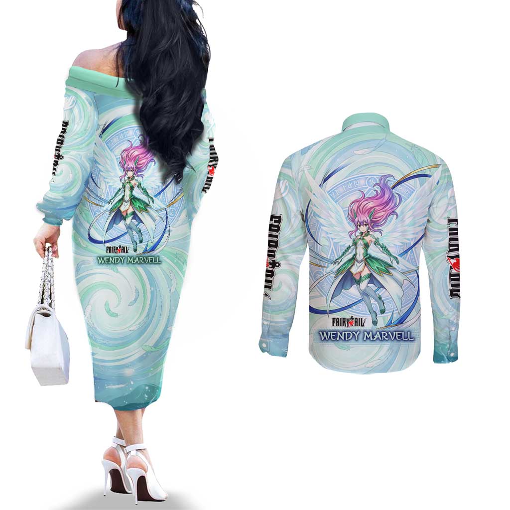 Wendy Marvell Fairy Tail Couples Matching Off The Shoulder Long Sleeve Dress and Long Sleeve Button Shirt Sky Dragon Anime Style with Pastel Wind and Wing Motif