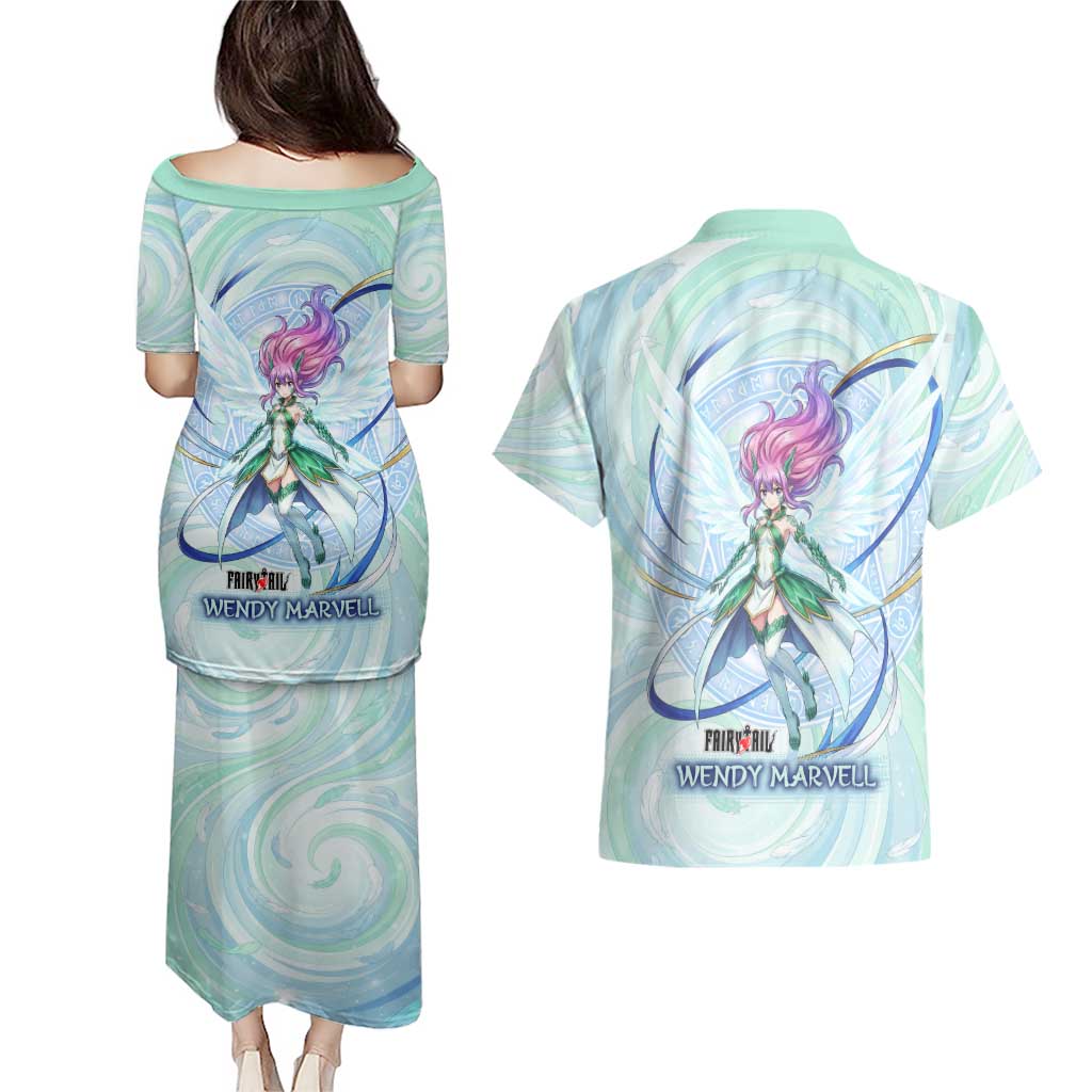 Wendy Marvell Fairy Tail Couples Matching Puletasi and Hawaiian Shirt Sky Dragon Anime Style with Pastel Wind and Wing Motif