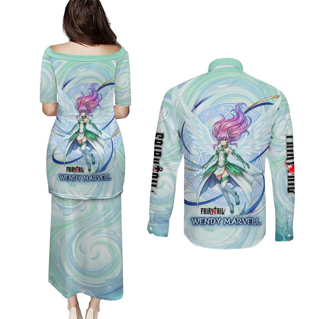Wendy Marvell Fairy Tail Couples Matching Puletasi and Long Sleeve Button Shirt Sky Dragon Anime Style with Pastel Wind and Wing Motif