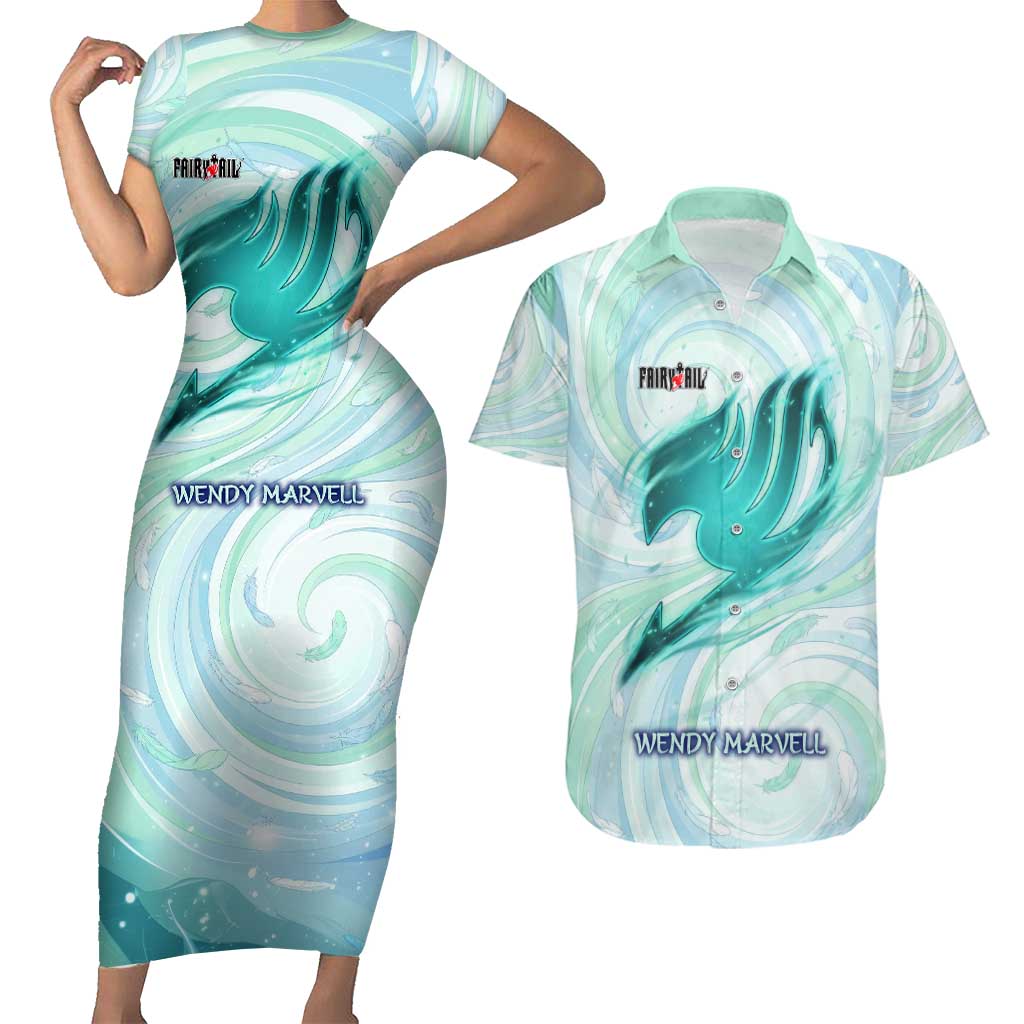 Wendy Marvell Fairy Tail Couples Matching Short Sleeve Bodycon Dress and Hawaiian Shirt Sky Dragon Anime Style with Pastel Wind and Wing Motif