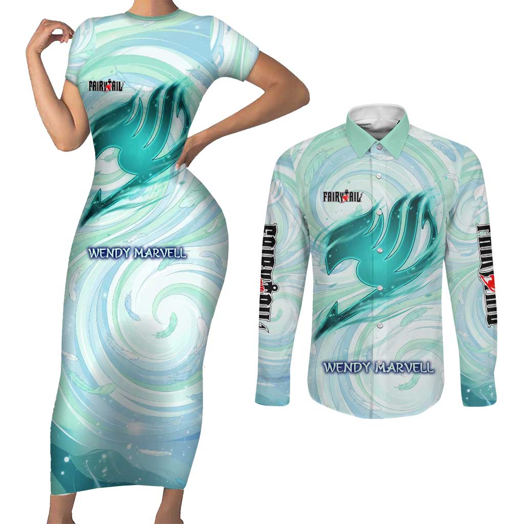 Wendy Marvell Fairy Tail Couples Matching Short Sleeve Bodycon Dress and Long Sleeve Button Shirt Sky Dragon Anime Style with Pastel Wind and Wing Motif