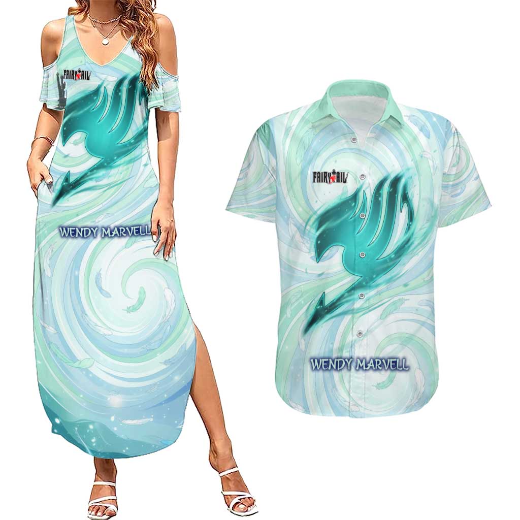Wendy Marvell Fairy Tail Couples Matching Summer Maxi Dress and Hawaiian Shirt Sky Dragon Anime Style with Pastel Wind and Wing Motif