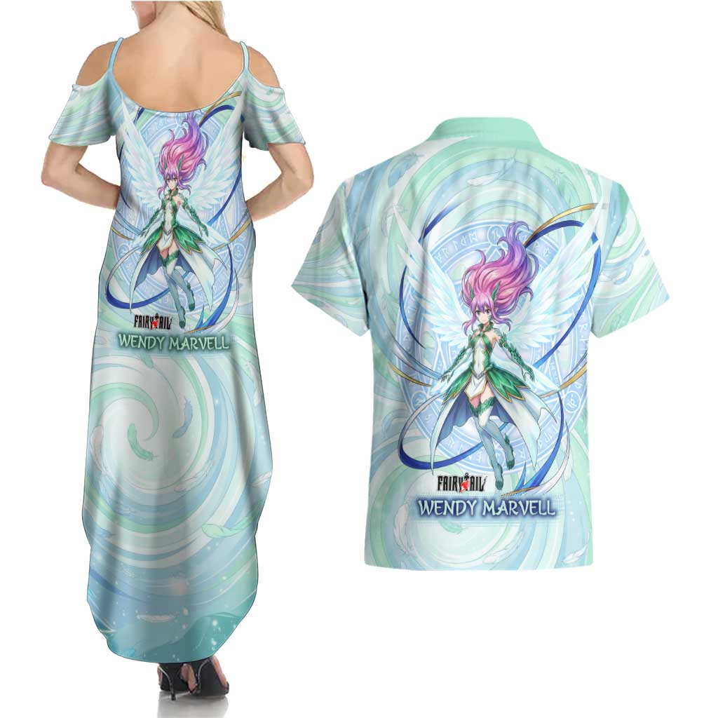 Wendy Marvell Fairy Tail Couples Matching Summer Maxi Dress and Hawaiian Shirt Sky Dragon Anime Style with Pastel Wind and Wing Motif