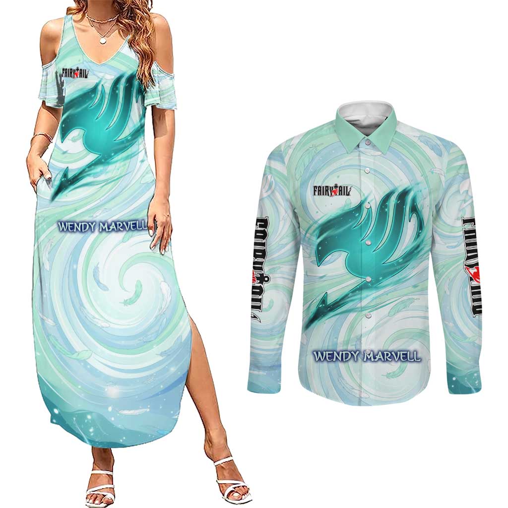 Wendy Marvell Fairy Tail Couples Matching Summer Maxi Dress and Long Sleeve Button Shirt Sky Dragon Anime Style with Pastel Wind and Wing Motif