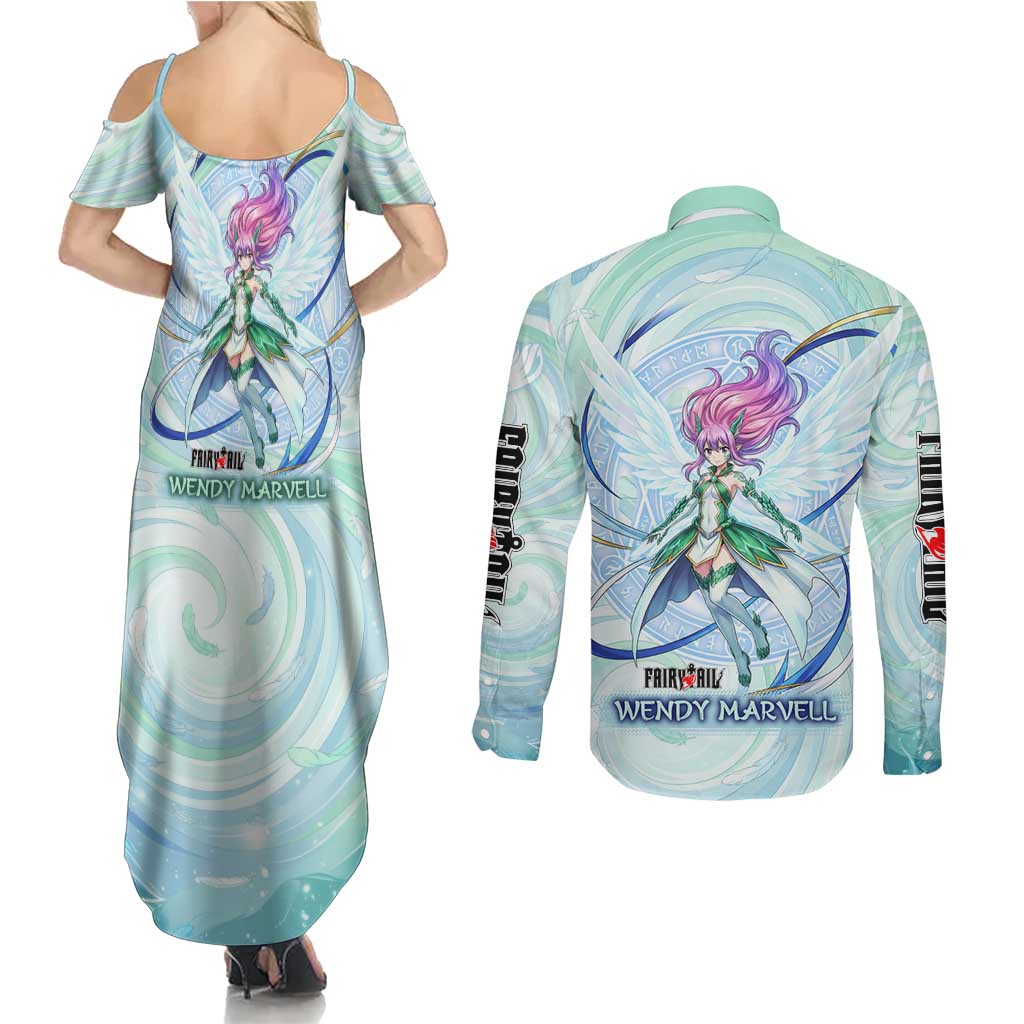 Wendy Marvell Fairy Tail Couples Matching Summer Maxi Dress and Long Sleeve Button Shirt Sky Dragon Anime Style with Pastel Wind and Wing Motif