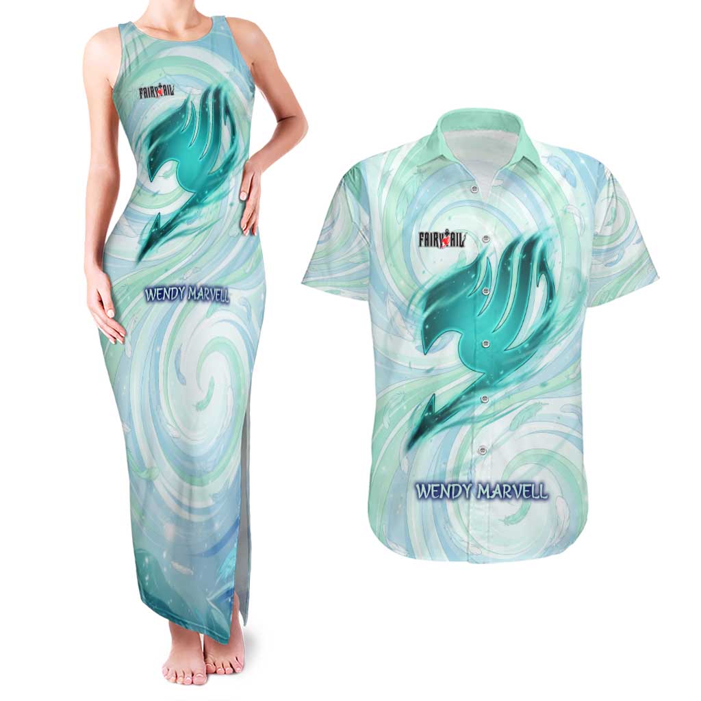 Wendy Marvell Fairy Tail Couples Matching Tank Maxi Dress and Hawaiian Shirt Sky Dragon Anime Style with Pastel Wind and Wing Motif