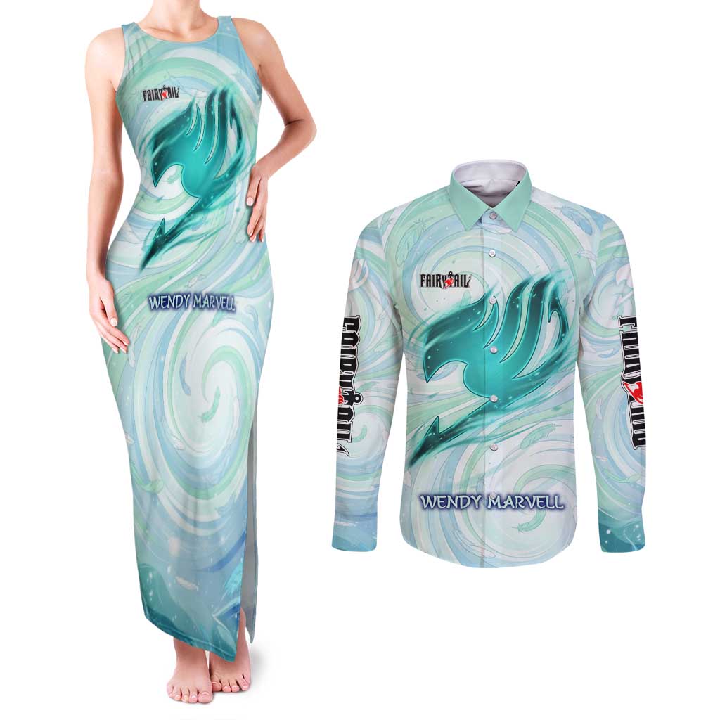 Wendy Marvell Fairy Tail Couples Matching Tank Maxi Dress and Long Sleeve Button Shirt Sky Dragon Anime Style with Pastel Wind and Wing Motif