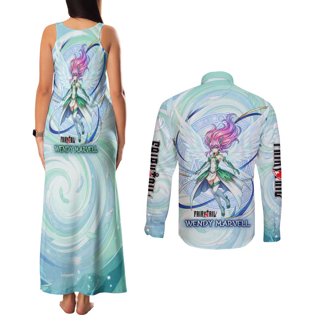 Wendy Marvell Fairy Tail Couples Matching Tank Maxi Dress and Long Sleeve Button Shirt Sky Dragon Anime Style with Pastel Wind and Wing Motif