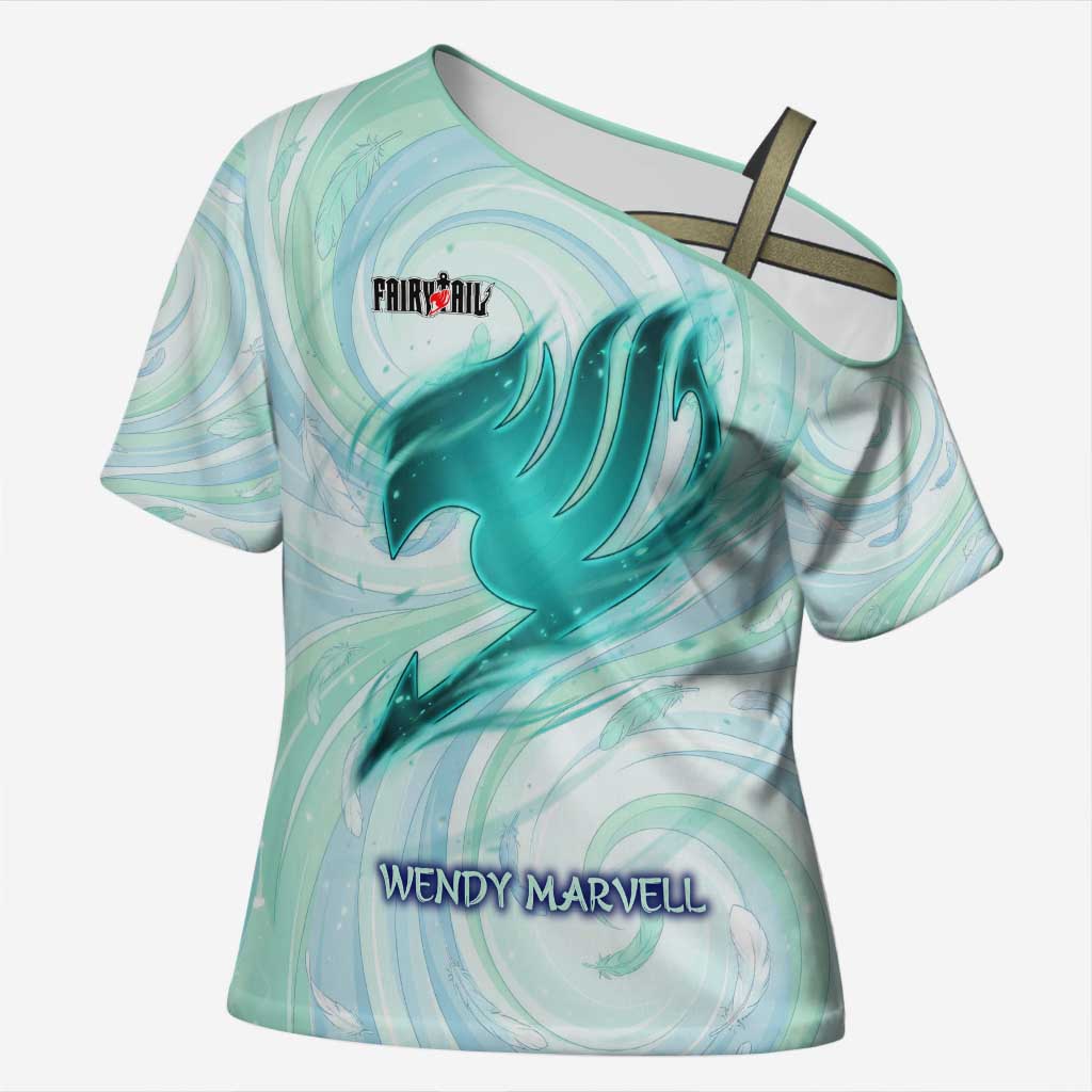 Wendy Marvell Fairy Tail Cross Shoulder Shirt Sky Dragon Anime Style with Pastel Wind and Wing Motif
