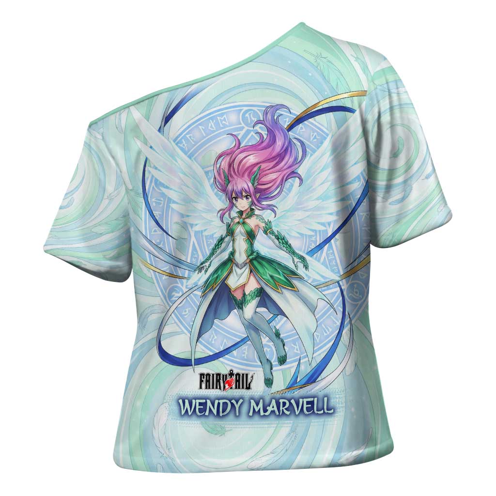 Wendy Marvell Fairy Tail Cross Shoulder Shirt Sky Dragon Anime Style with Pastel Wind and Wing Motif
