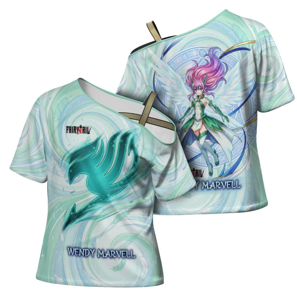 Wendy Marvell Fairy Tail Cross Shoulder Shirt Sky Dragon Anime Style with Pastel Wind and Wing Motif