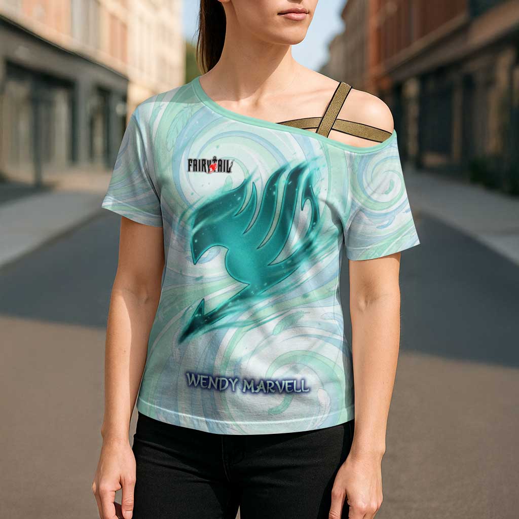 Wendy Marvell Fairy Tail Cross Shoulder Shirt Sky Dragon Anime Style with Pastel Wind and Wing Motif