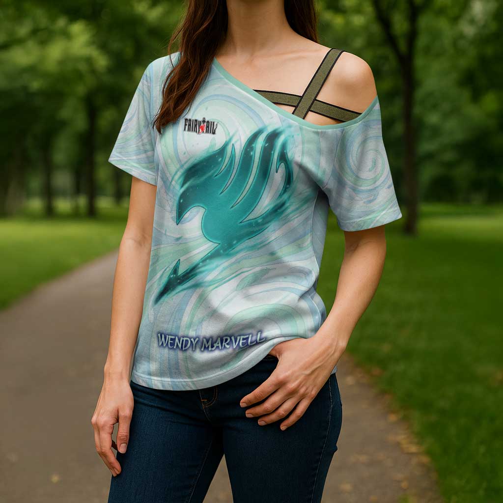 Wendy Marvell Fairy Tail Cross Shoulder Shirt Sky Dragon Anime Style with Pastel Wind and Wing Motif