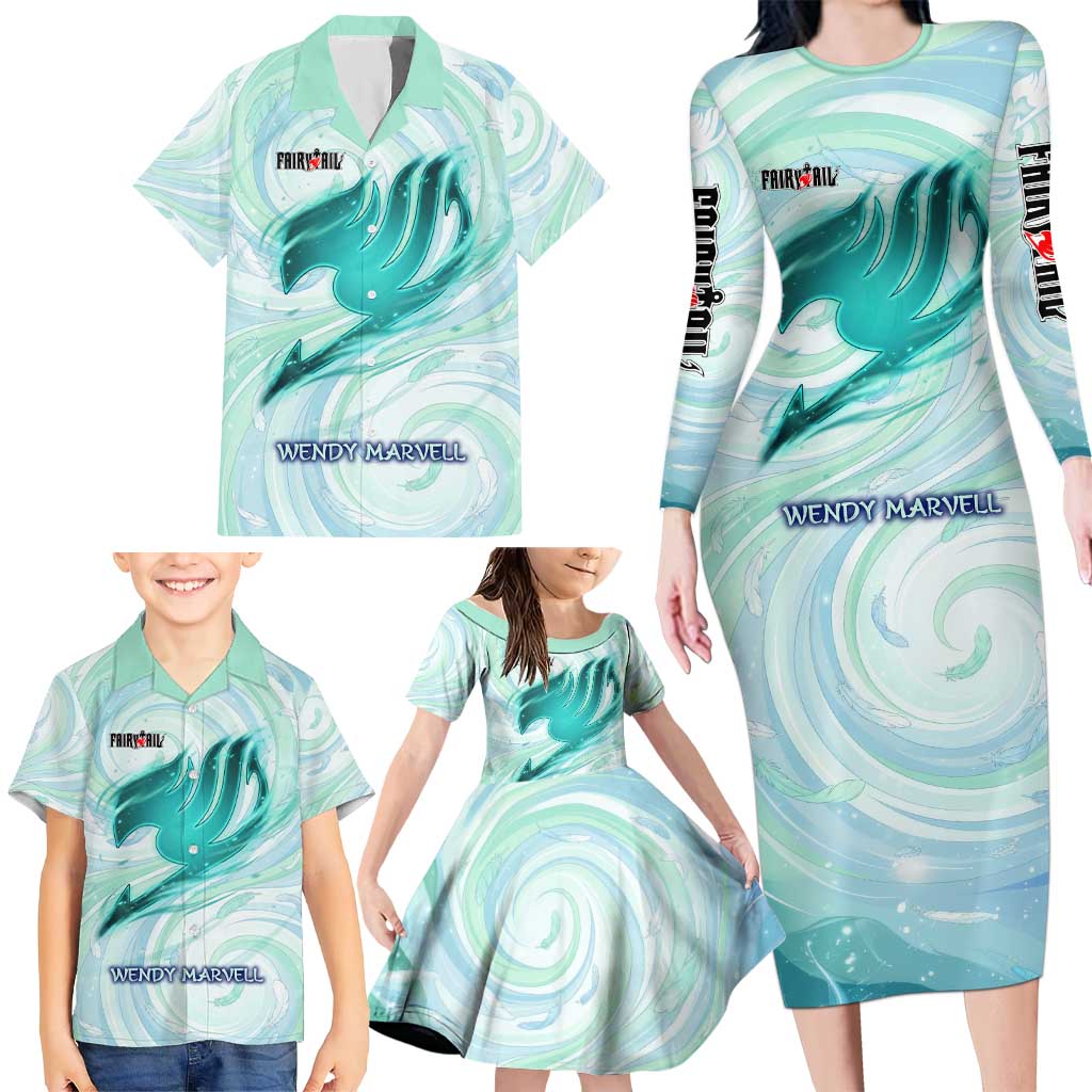 Wendy Marvell Fairy Tail Family Matching Long Sleeve Bodycon Dress and Hawaiian Shirt Sky Dragon Anime Style with Pastel Wind and Wing Motif