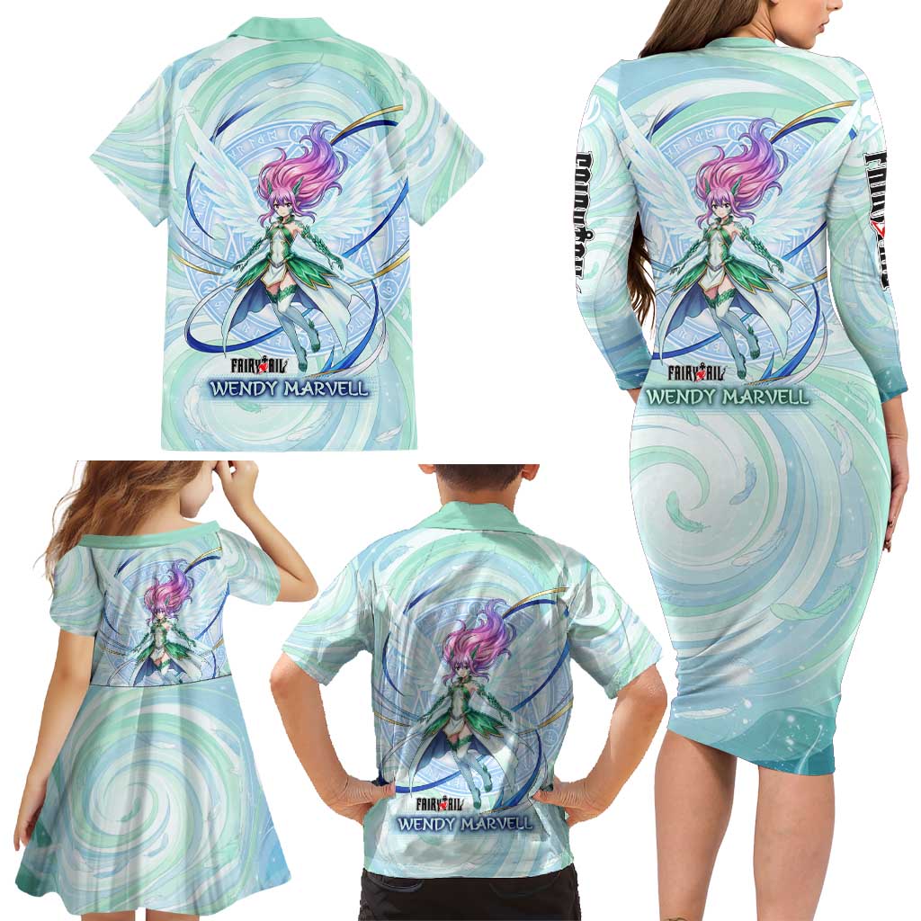 Wendy Marvell Fairy Tail Family Matching Long Sleeve Bodycon Dress and Hawaiian Shirt Sky Dragon Anime Style with Pastel Wind and Wing Motif