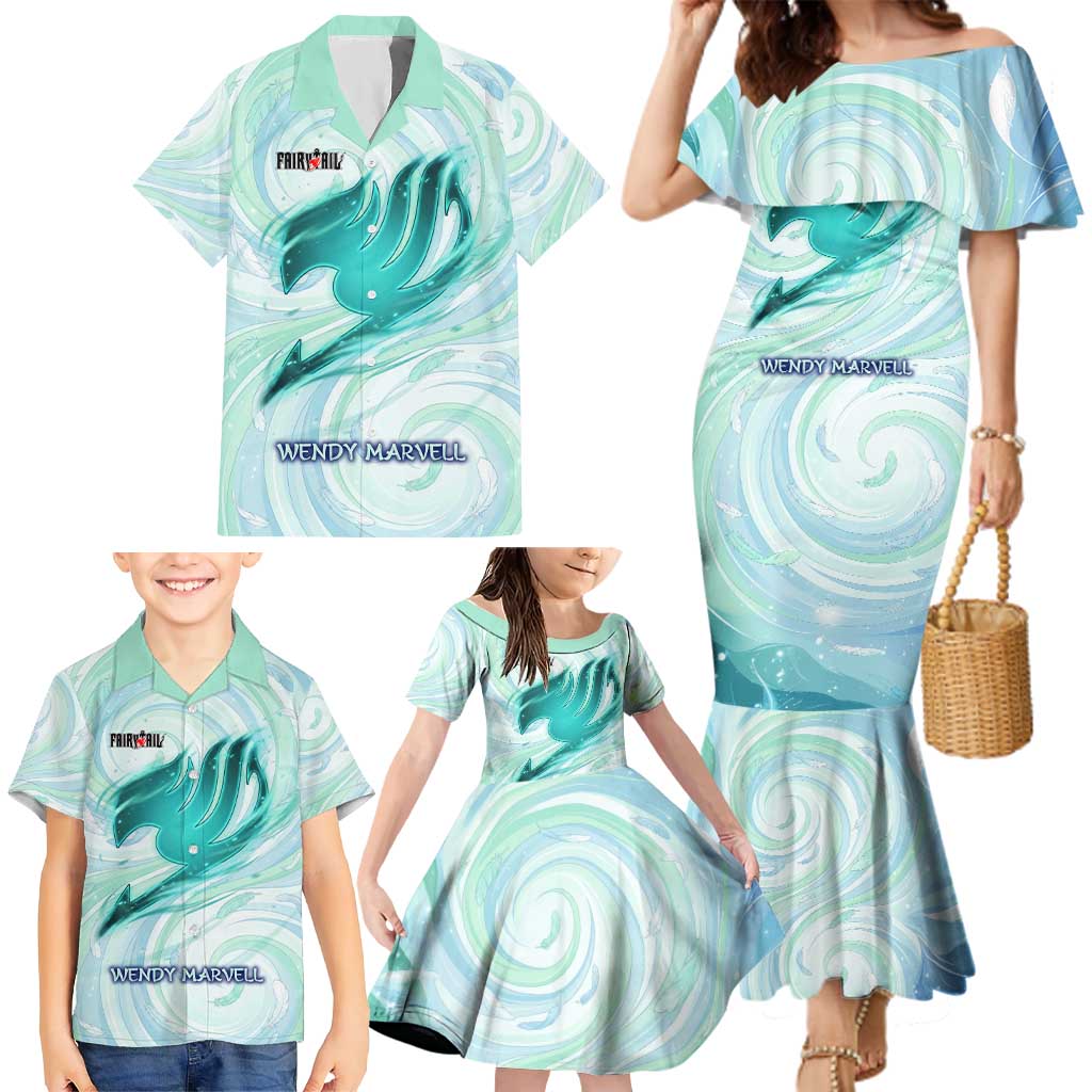 Wendy Marvell Fairy Tail Family Matching Mermaid Dress and Hawaiian Shirt Sky Dragon Anime Style with Pastel Wind and Wing Motif