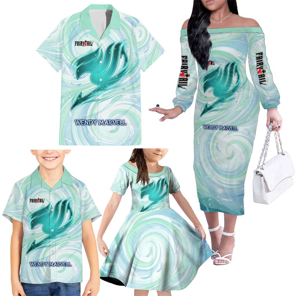 Wendy Marvell Fairy Tail Family Matching Off The Shoulder Long Sleeve Dress and Hawaiian Shirt Sky Dragon Anime Style with Pastel Wind and Wing Motif