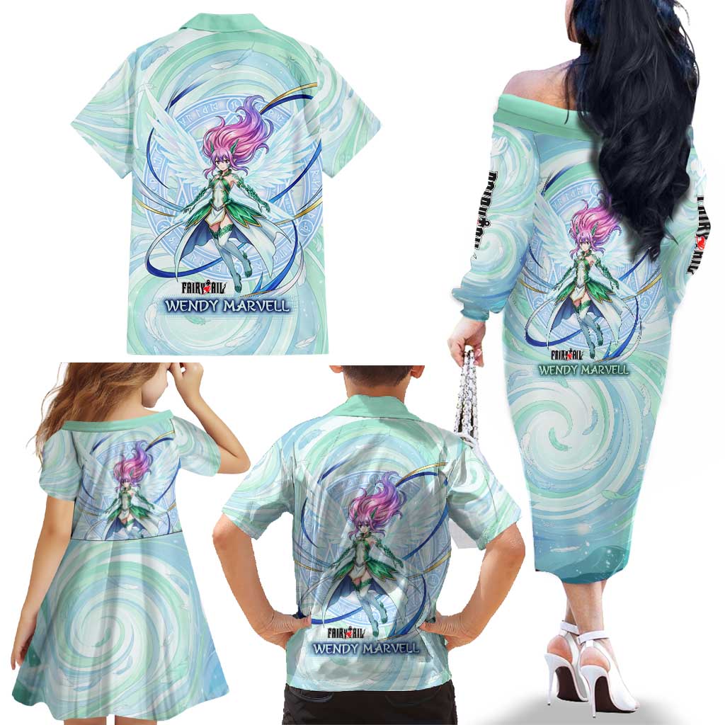 Wendy Marvell Fairy Tail Family Matching Off The Shoulder Long Sleeve Dress and Hawaiian Shirt Sky Dragon Anime Style with Pastel Wind and Wing Motif