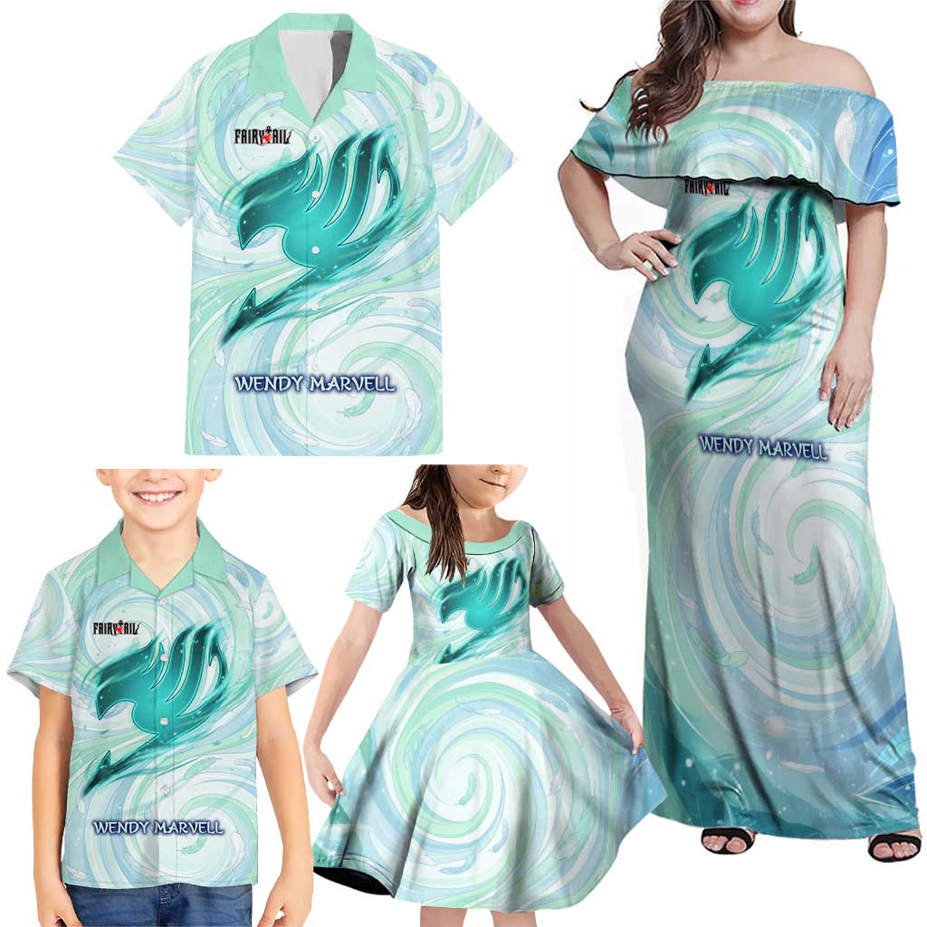 Wendy Marvell Fairy Tail Family Matching Off Shoulder Maxi Dress and Hawaiian Shirt Sky Dragon Anime Style with Pastel Wind and Wing Motif