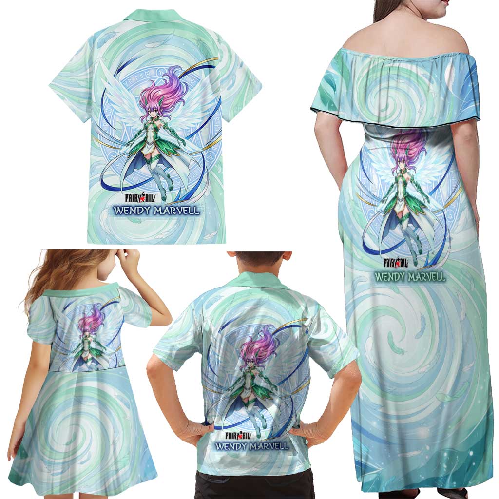 Wendy Marvell Fairy Tail Family Matching Off Shoulder Maxi Dress and Hawaiian Shirt Sky Dragon Anime Style with Pastel Wind and Wing Motif