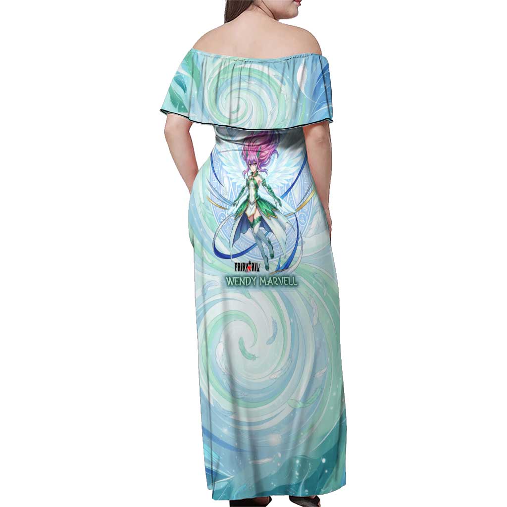 Wendy Marvell Fairy Tail Family Matching Off Shoulder Maxi Dress and Hawaiian Shirt Sky Dragon Anime Style with Pastel Wind and Wing Motif