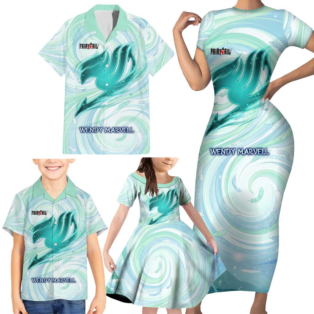 Wendy Marvell Fairy Tail Family Matching Short Sleeve Bodycon Dress and Hawaiian Shirt Sky Dragon Anime Style with Pastel Wind and Wing Motif