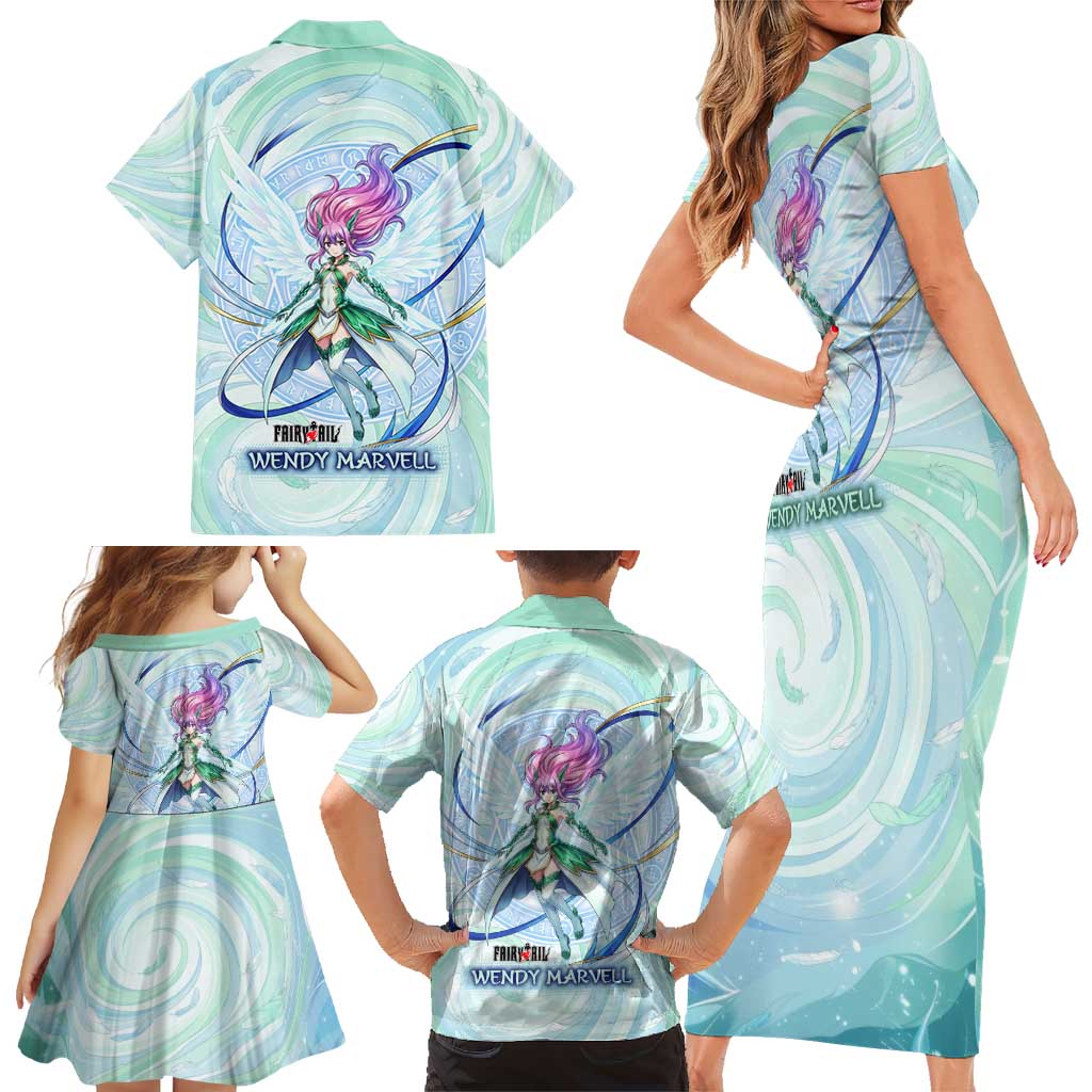 Wendy Marvell Fairy Tail Family Matching Short Sleeve Bodycon Dress and Hawaiian Shirt Sky Dragon Anime Style with Pastel Wind and Wing Motif