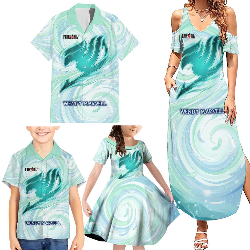 Wendy Marvell Fairy Tail Family Matching Summer Maxi Dress and Hawaiian Shirt Sky Dragon Anime Style with Pastel Wind and Wing Motif