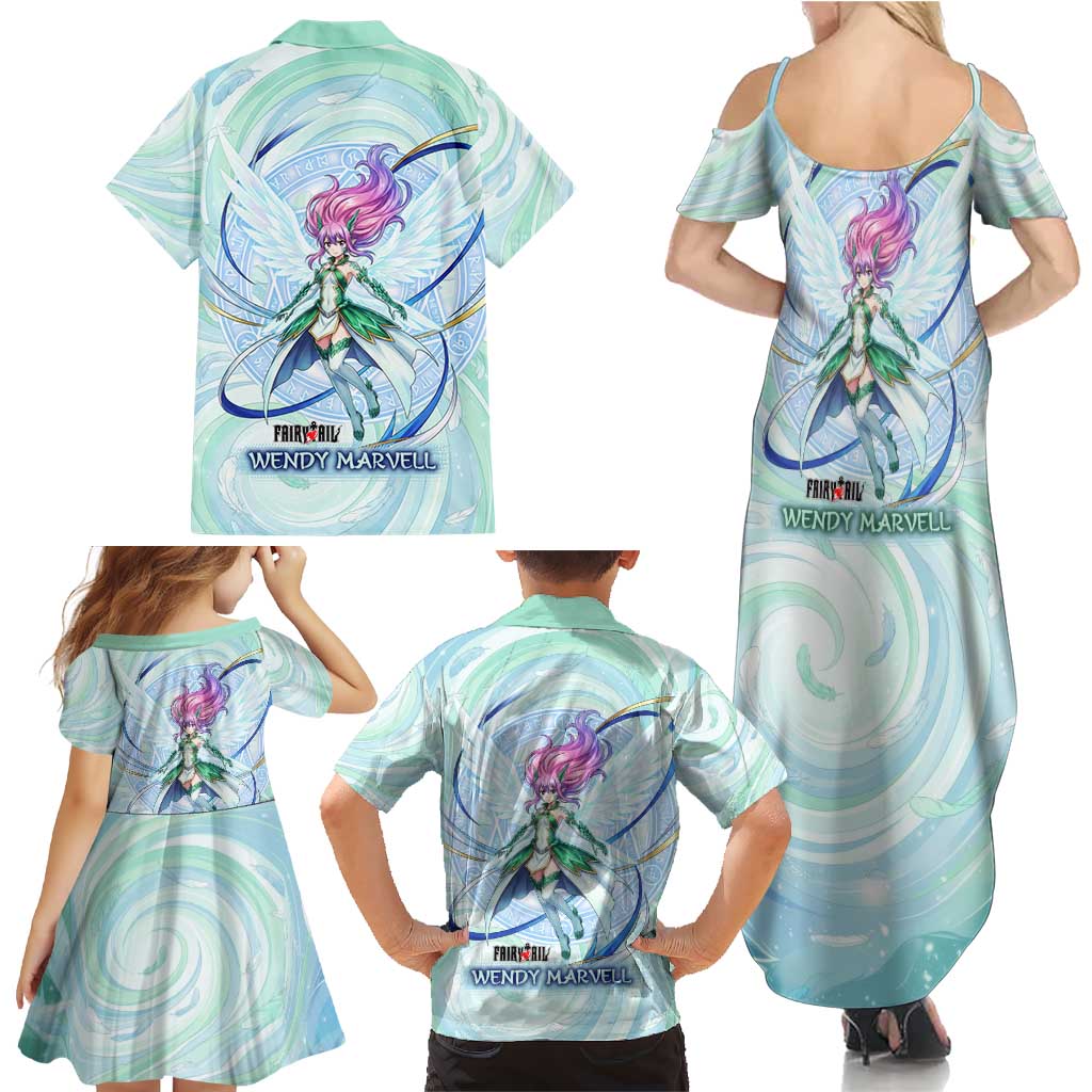 Wendy Marvell Fairy Tail Family Matching Summer Maxi Dress and Hawaiian Shirt Sky Dragon Anime Style with Pastel Wind and Wing Motif