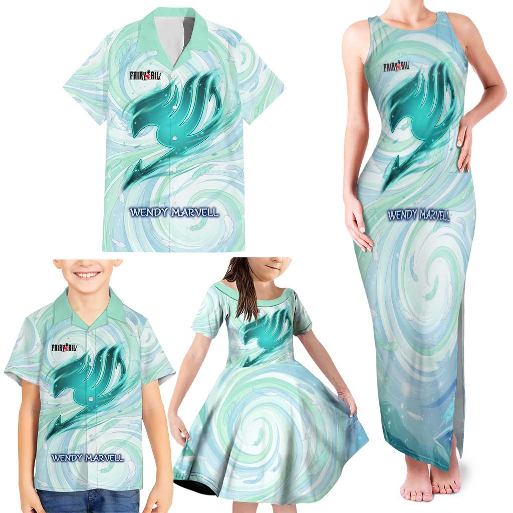 Wendy Marvell Fairy Tail Family Matching Tank Maxi Dress and Hawaiian Shirt Sky Dragon Anime Style with Pastel Wind and Wing Motif
