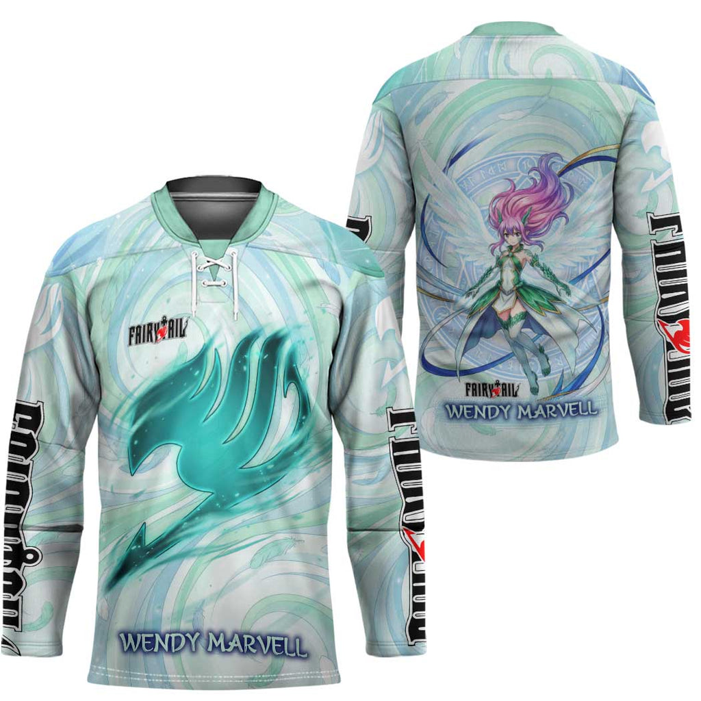 Wendy Marvell Fairy Tail Hockey Jersey Sky Dragon Anime Style with Pastel Wind and Wing Motif
