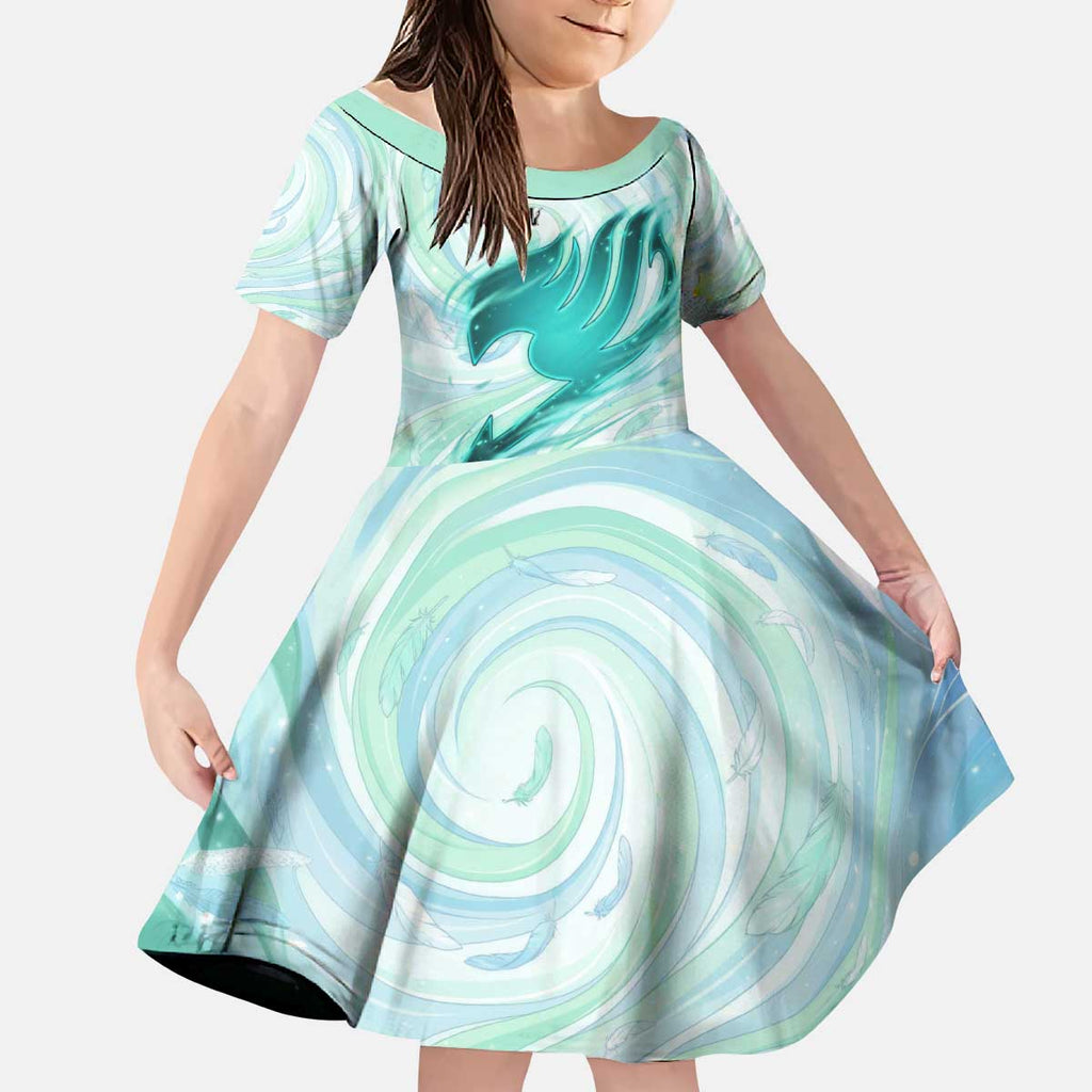 Wendy Marvell Fairy Tail Kid Short Sleeve Dress Sky Dragon Anime Style with Pastel Wind and Wing Motif