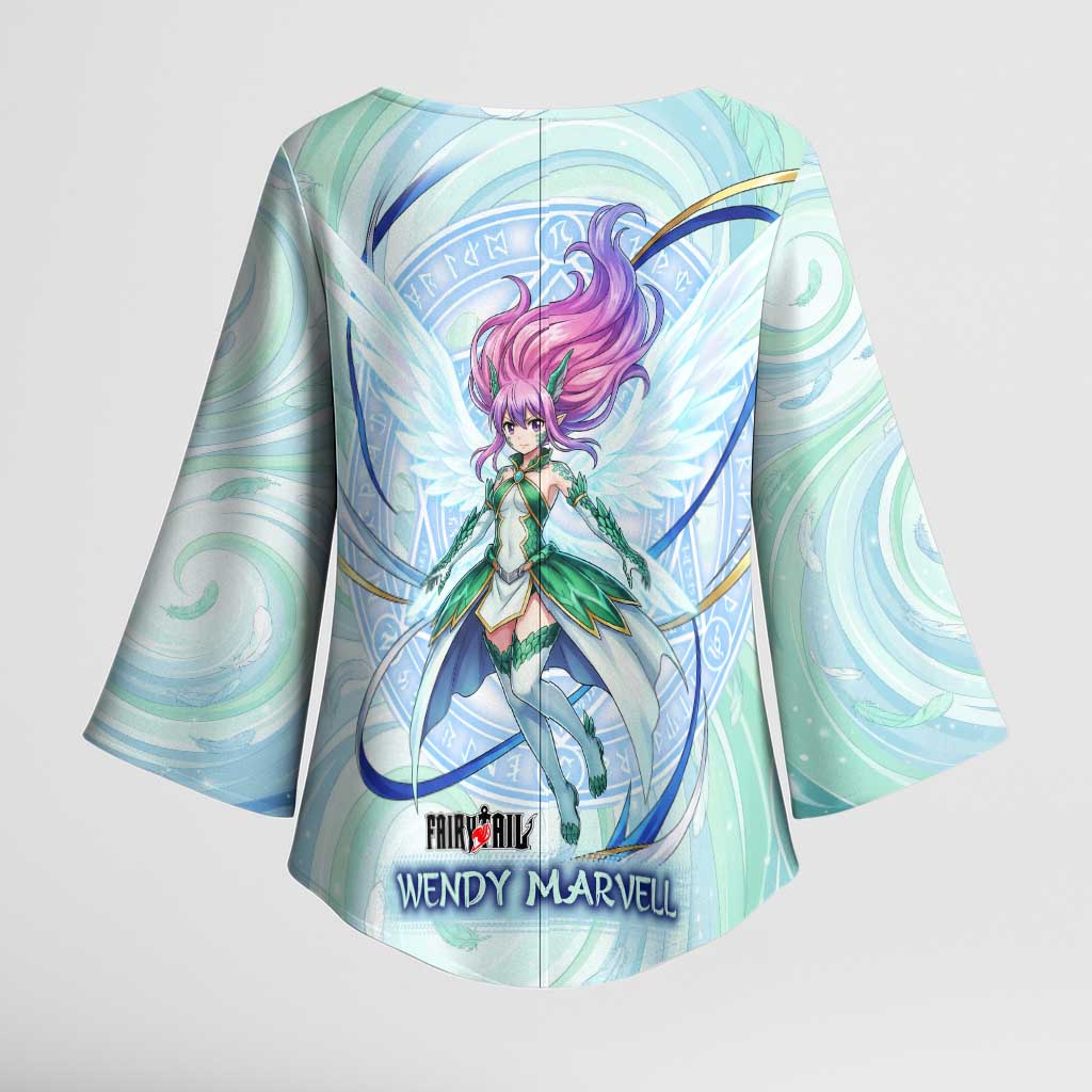 Wendy Marvell Fairy Tail Kimono Sleeve Blouse Sky Dragon Anime Style with Pastel Wind and Wing Motif