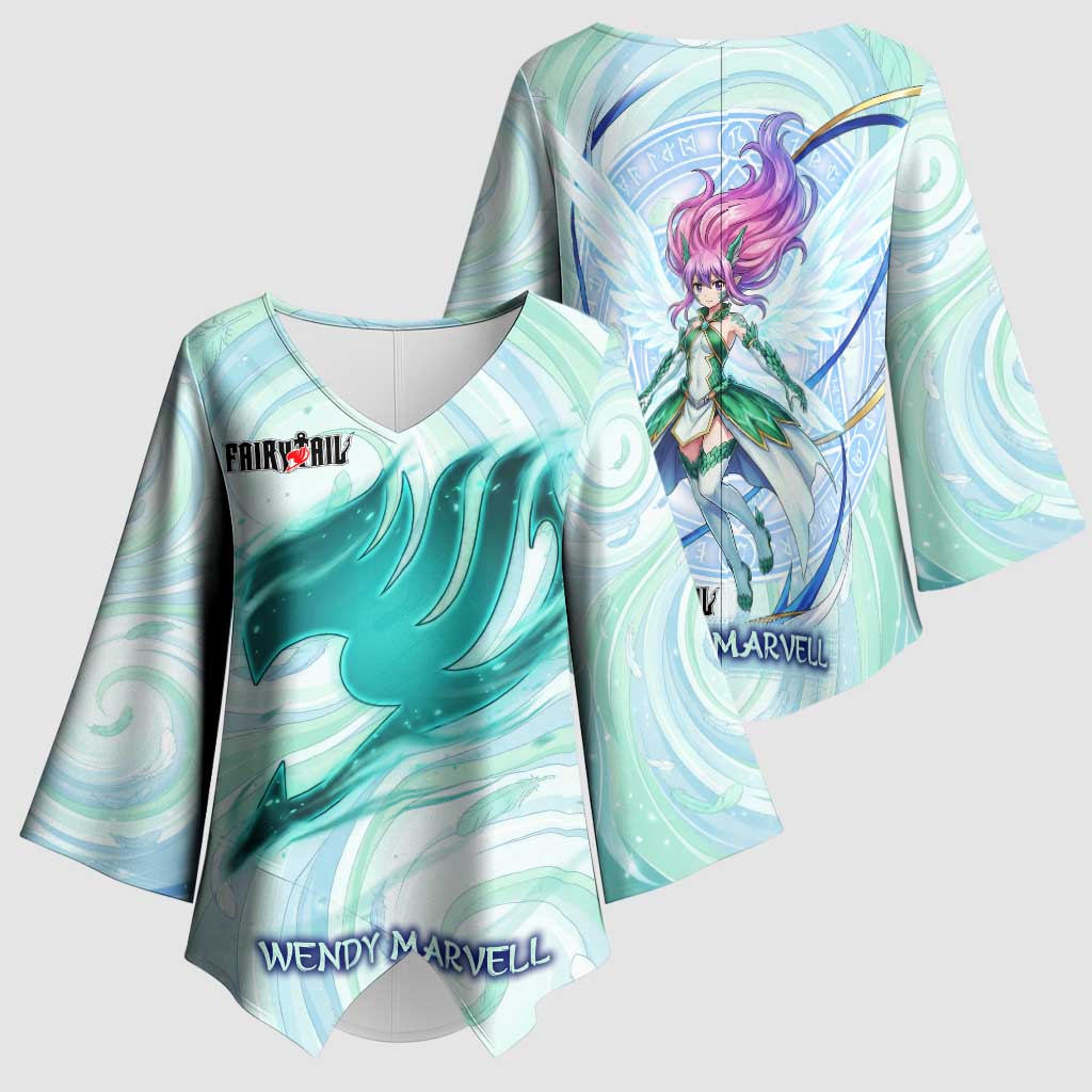 Wendy Marvell Fairy Tail Kimono Sleeve Blouse Sky Dragon Anime Style with Pastel Wind and Wing Motif