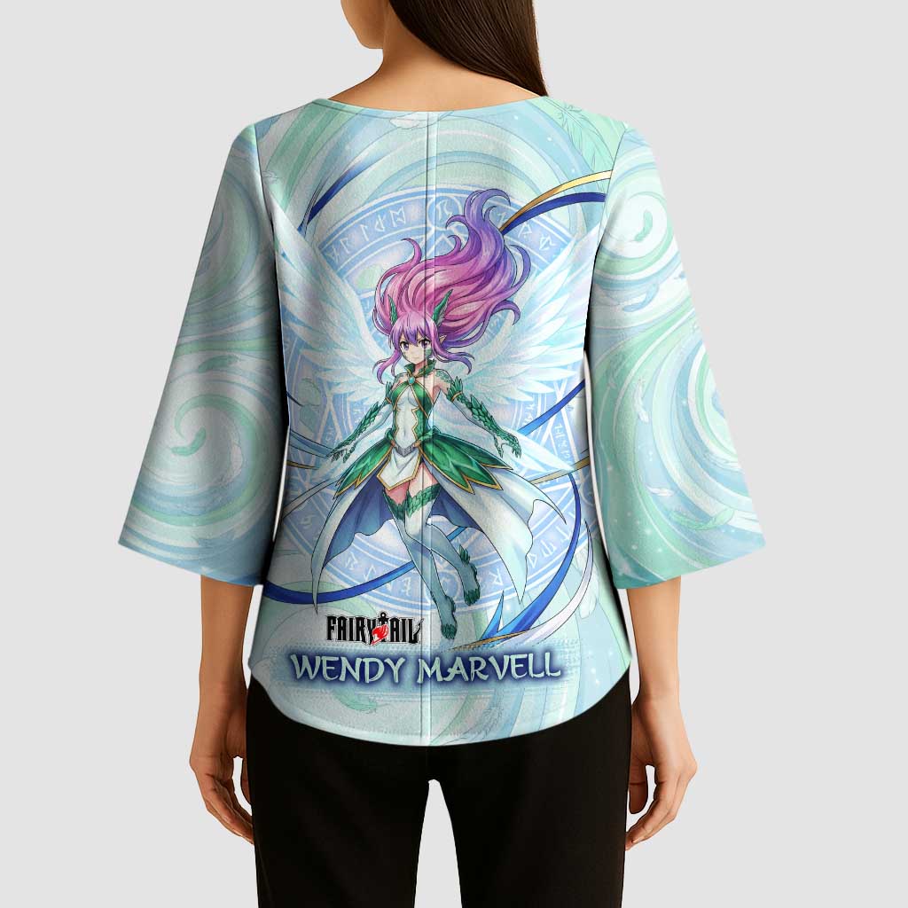Wendy Marvell Fairy Tail Kimono Sleeve Blouse Sky Dragon Anime Style with Pastel Wind and Wing Motif