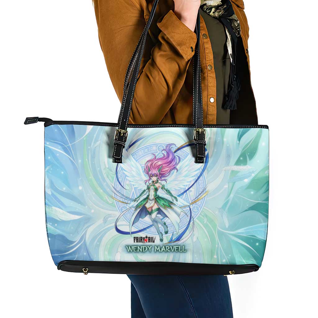 Wendy Marvell Fairy Tail Leather Tote Bag Sky Dragon Anime Style with Pastel Wind and Wing Motif
