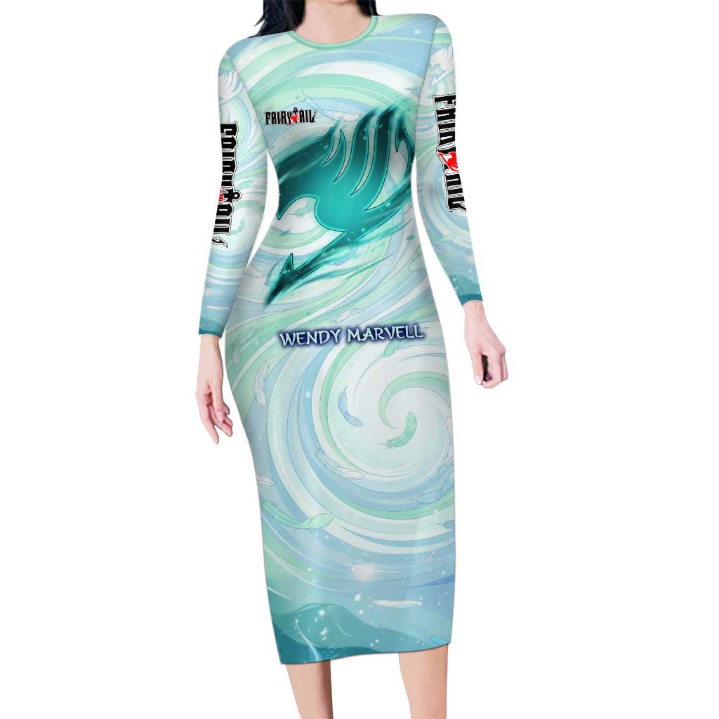 Wendy Marvell Fairy Tail Long Sleeve Bodycon Dress Sky Dragon Anime Style with Pastel Wind and Wing Motif