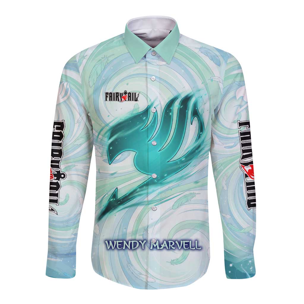 Wendy Marvell Fairy Tail Long Sleeve Button Shirt Sky Dragon Anime Style with Pastel Wind and Wing Motif