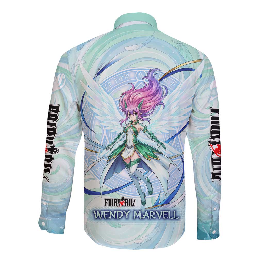Wendy Marvell Fairy Tail Long Sleeve Button Shirt Sky Dragon Anime Style with Pastel Wind and Wing Motif