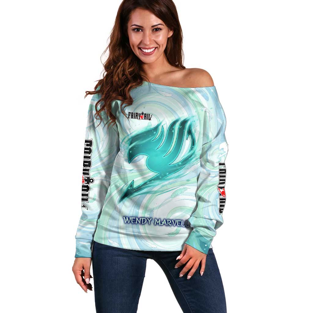 Wendy Marvell Fairy Tail Off Shoulder Sweater Sky Dragon Anime Style with Pastel Wind and Wing Motif