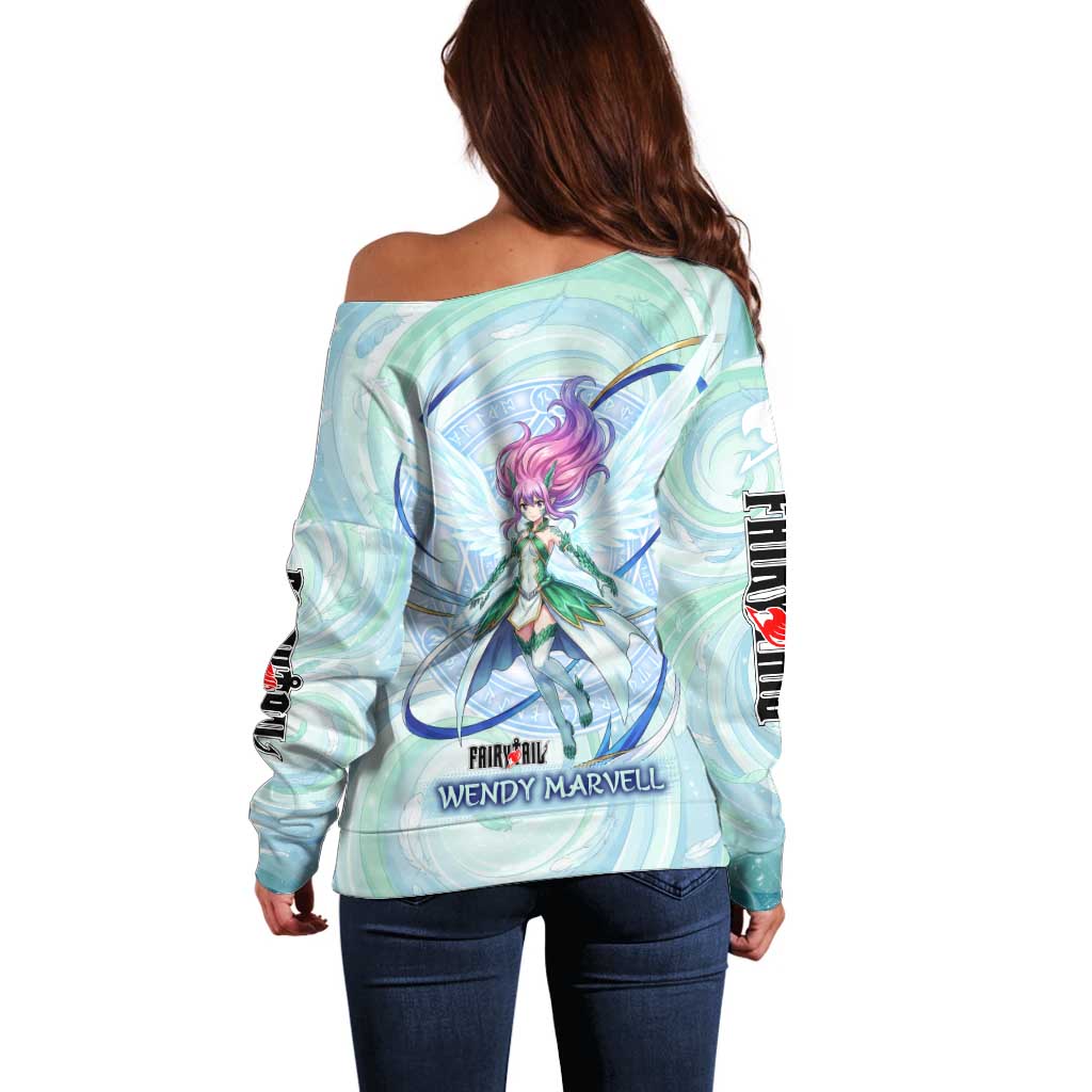 Wendy Marvell Fairy Tail Off Shoulder Sweater Sky Dragon Anime Style with Pastel Wind and Wing Motif
