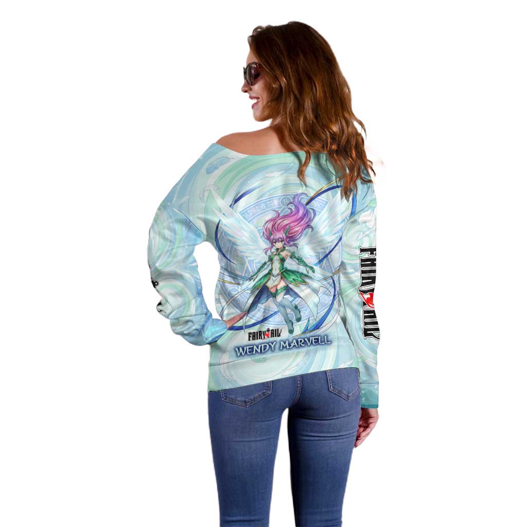 Wendy Marvell Fairy Tail Off Shoulder Sweater Sky Dragon Anime Style with Pastel Wind and Wing Motif